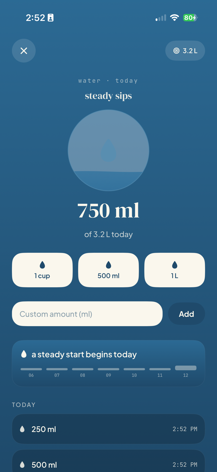 FitGlass water screen showing 750 millilitres logged against a 3.2 litre daily target